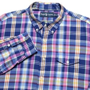 90s VTG Ralph Lauren Lightweight‎ Flannel Shirt Mens L Pastel Plaid Cotton